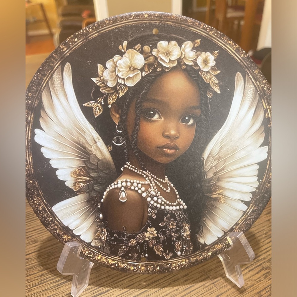 Angel Metal Plate 8x8 . Two Holes For Hanging. Plate Stand NOT Included
